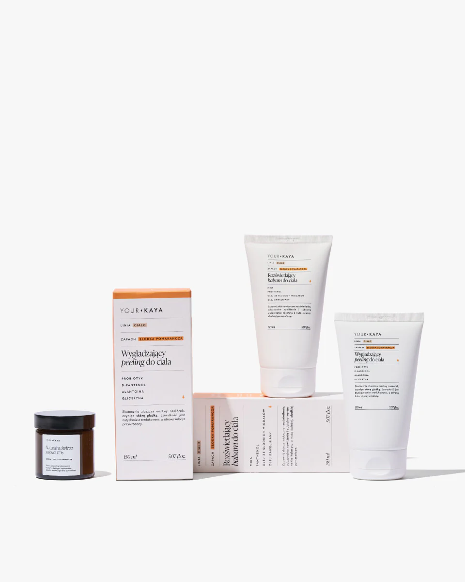 Zestaw prezentowy: wygładzający peeling, rozświetlający balsam i świeczka o zapachu słodkiej pomarańczy - Image 5